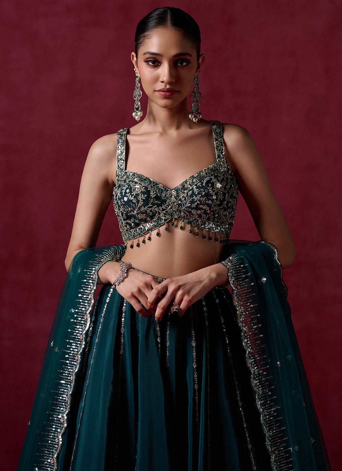 Teal Green Embroidered Lehenga - Lashkaraa