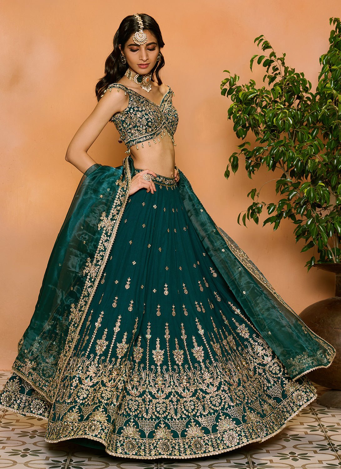 Teal Green Embroidered Lehenga - Lashkaraa