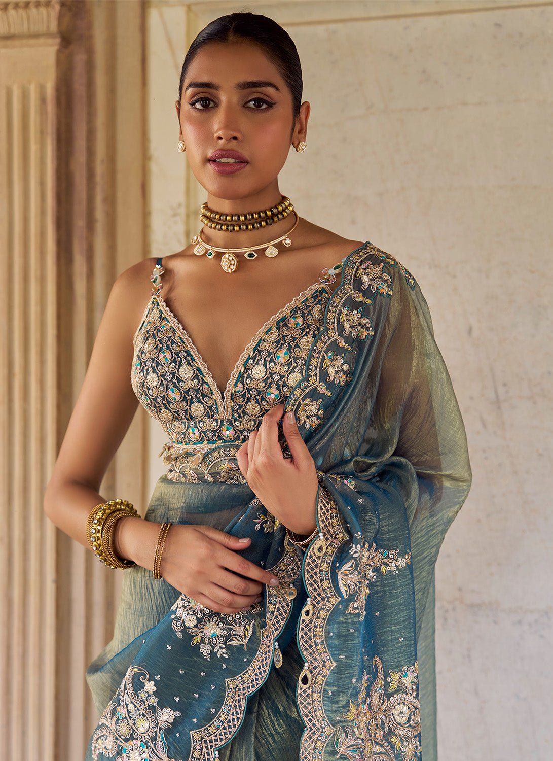 Teal Green Embroidered Saree - Lashkaraa