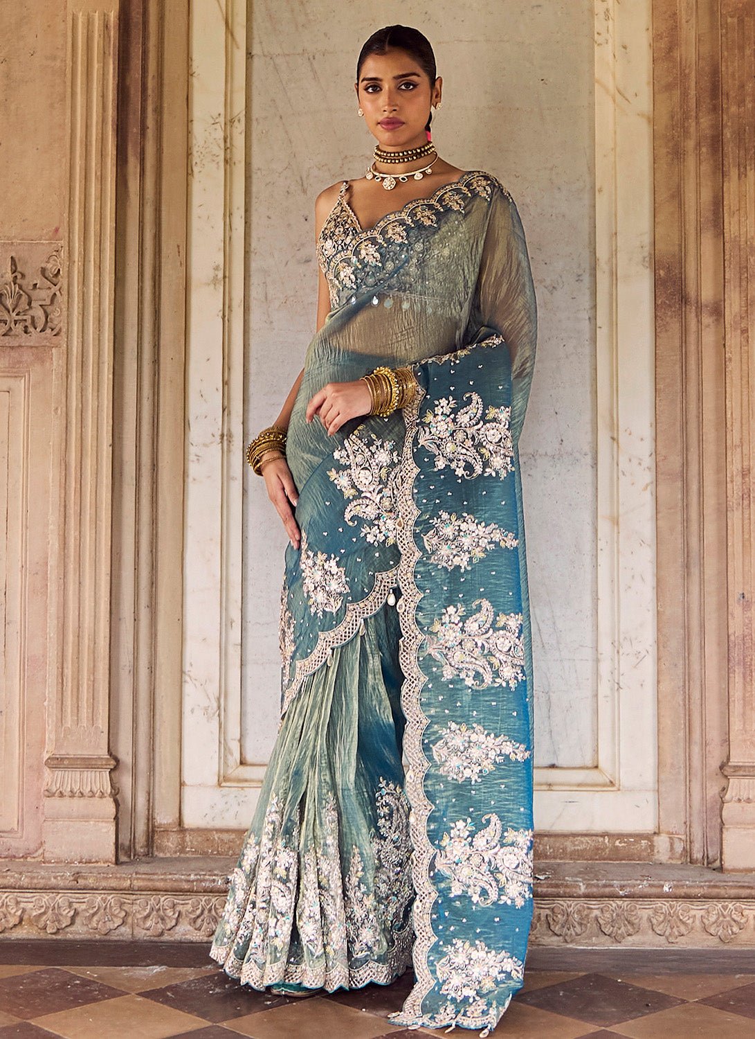 Teal Green Embroidered Saree - Lashkaraa