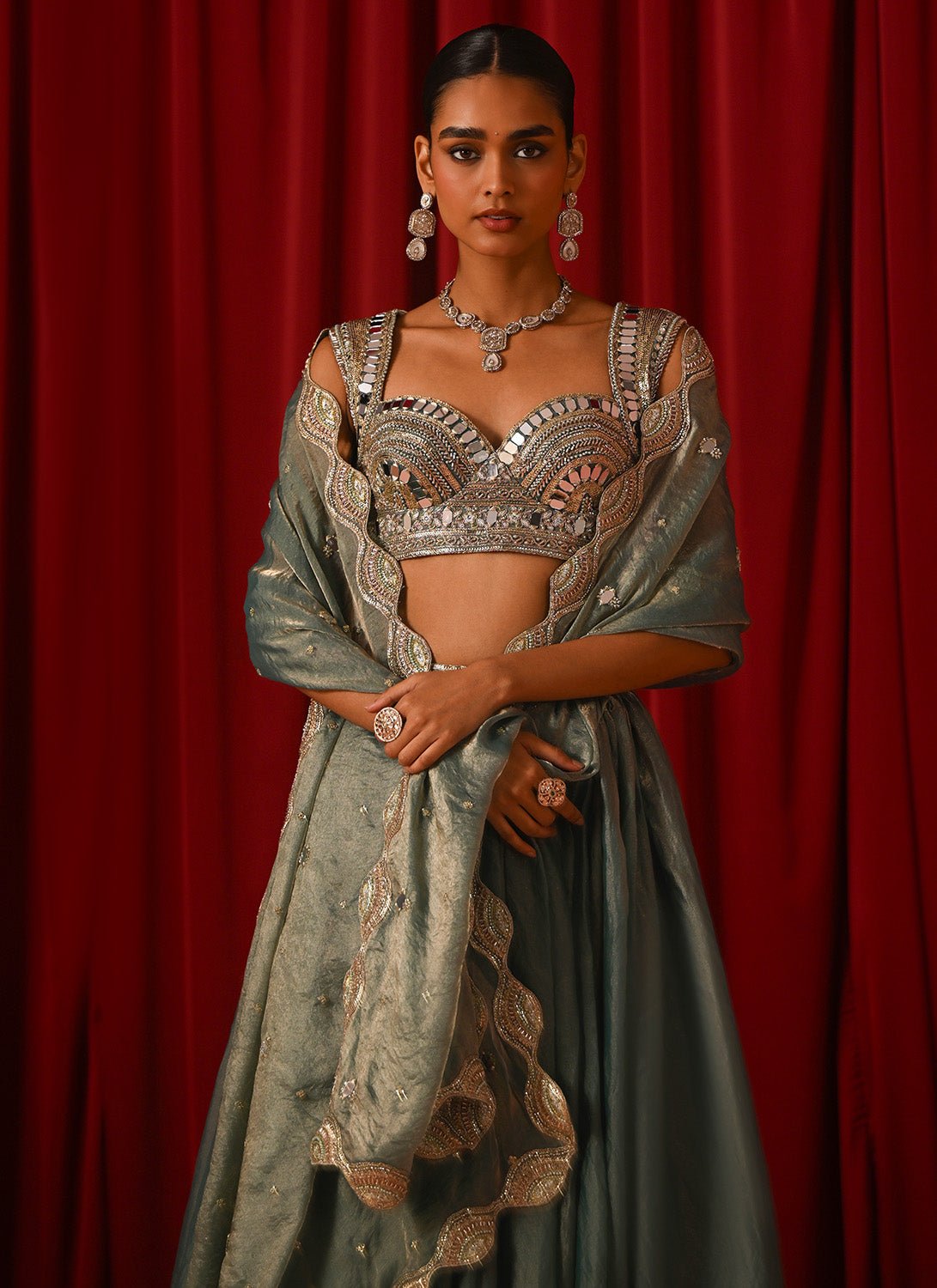 Teal Green Embroidered Satin Lehenga - Lashkaraa