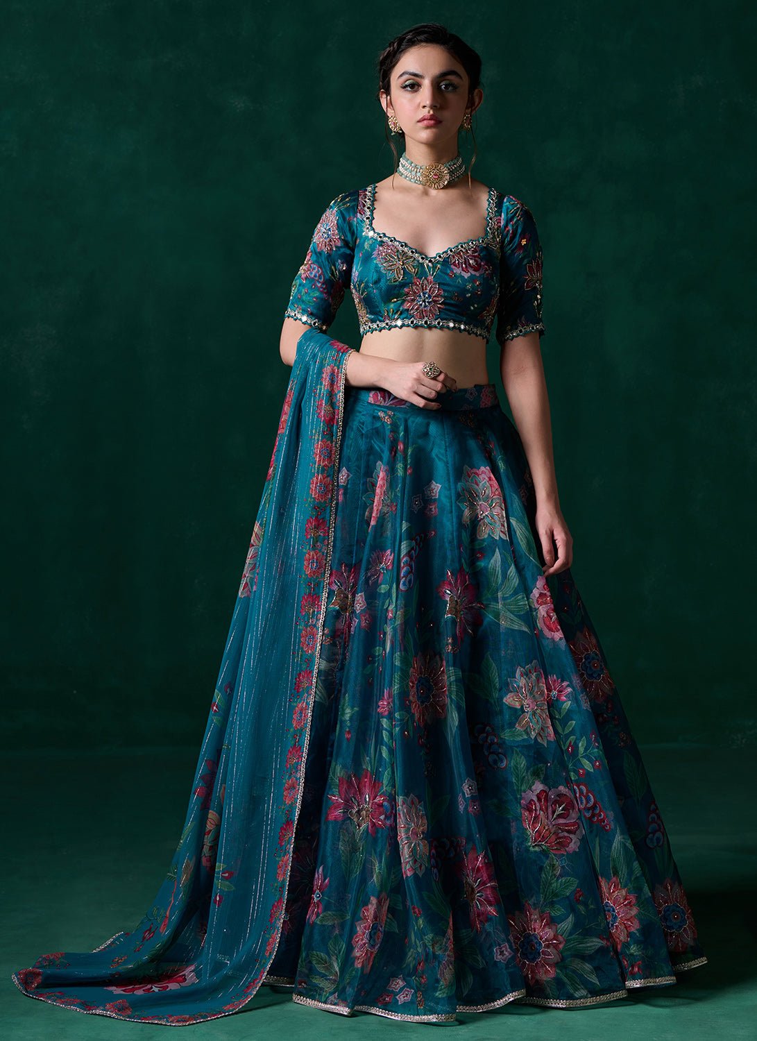 Teal Green Multicolor Floral Printed Lehenga - Lashkaraa
