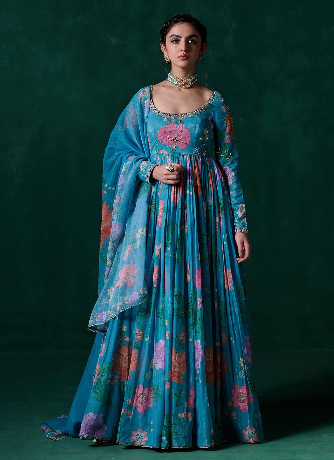 Teal Multicolor Floral Printed Anarkali - Lashkaraa
