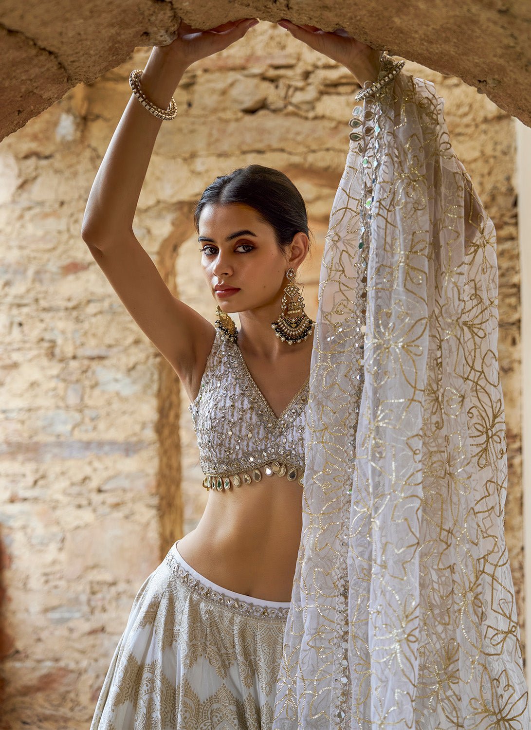 White and Gold Embroidered Viscose Brocade Lehenga - Lashkaraa