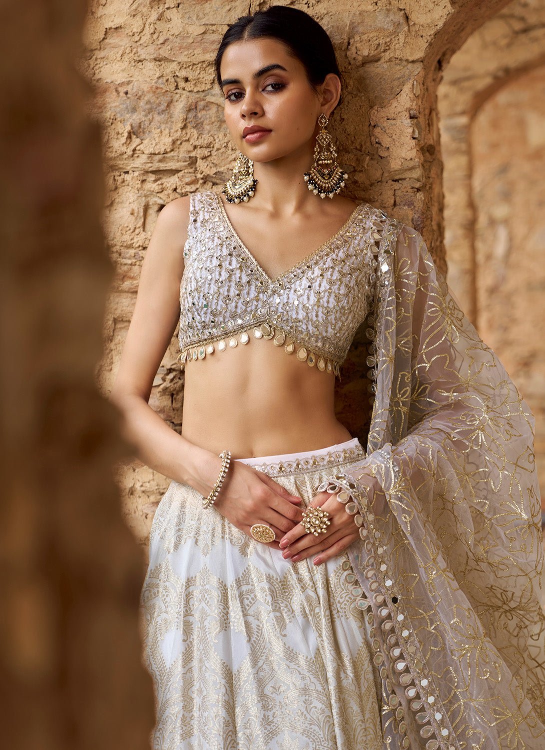 White and Gold Embroidered Viscose Brocade Lehenga - Lashkaraa