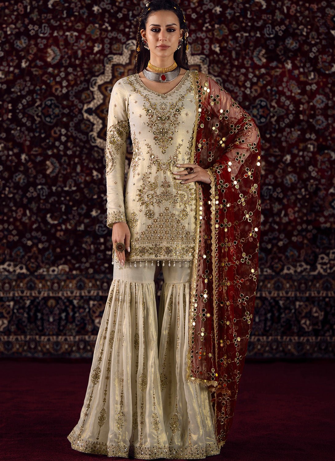 White and Maroon Embroidered Georgette Gharara - Lashkaraa