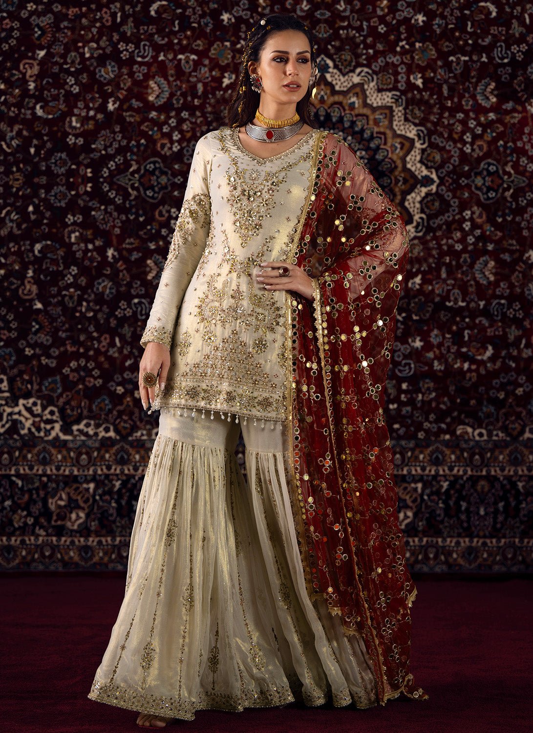 White and Maroon Embroidered Georgette Gharara - Lashkaraa