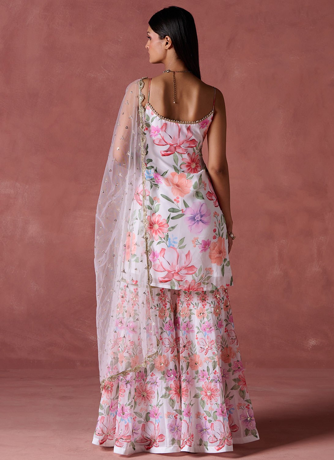 White and Pink Floral Printed Gharara Suit - Lashkaraa