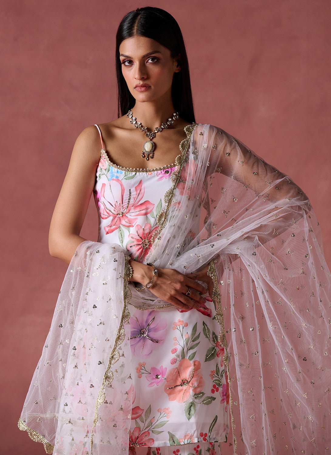 White and Pink Floral Printed Gharara Suit - Lashkaraa