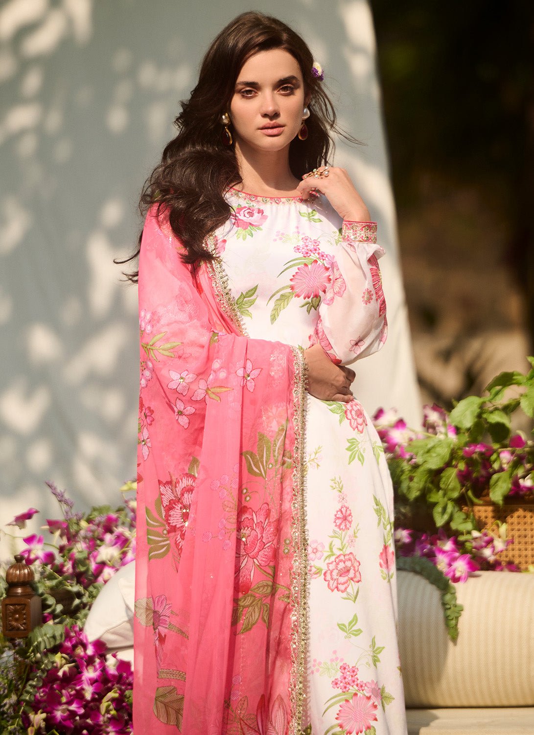 White and Pink Floral Printed Palazzo Suit - Lashkaraa