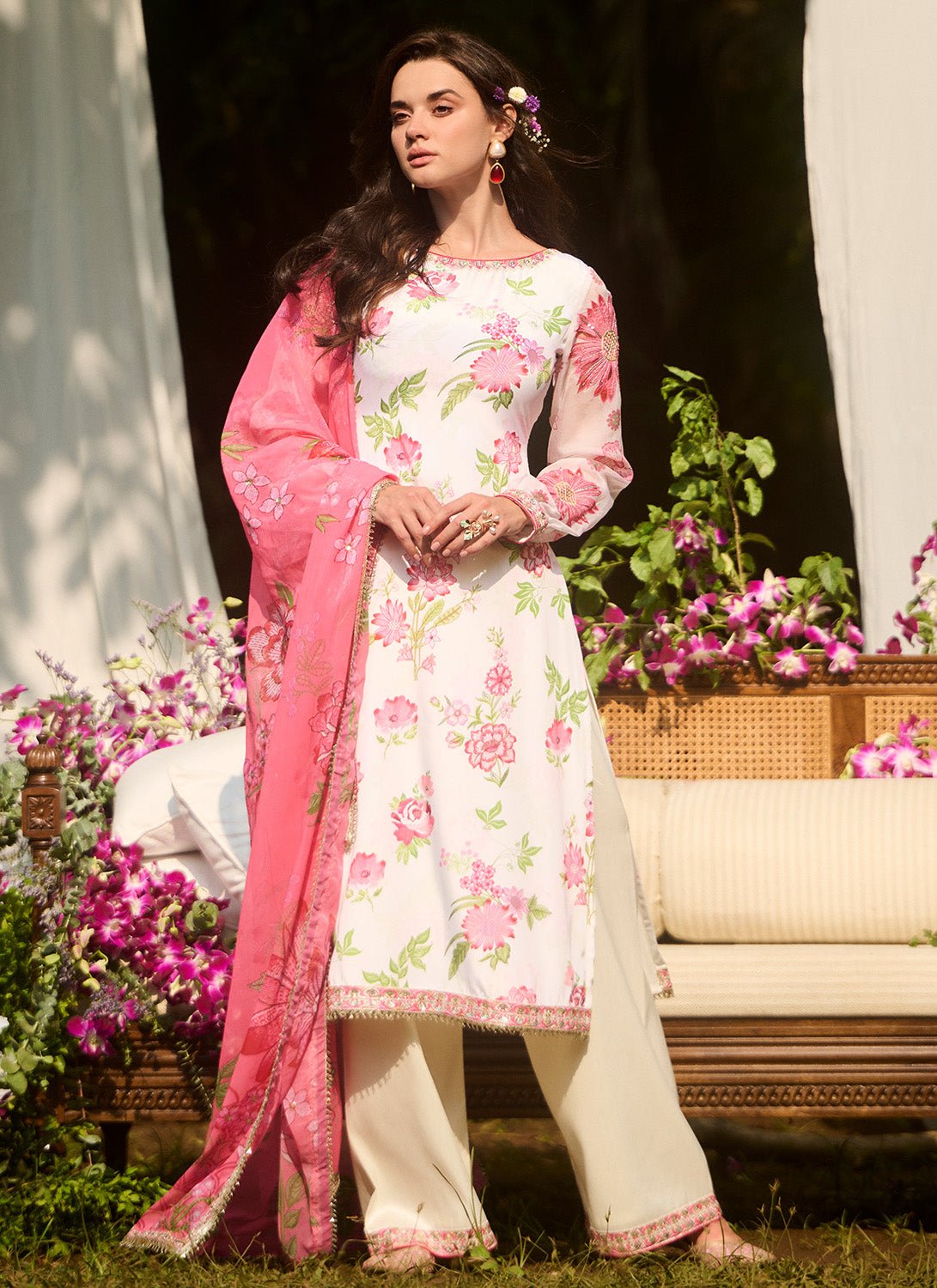White and Pink Floral Printed Palazzo Suit - Lashkaraa
