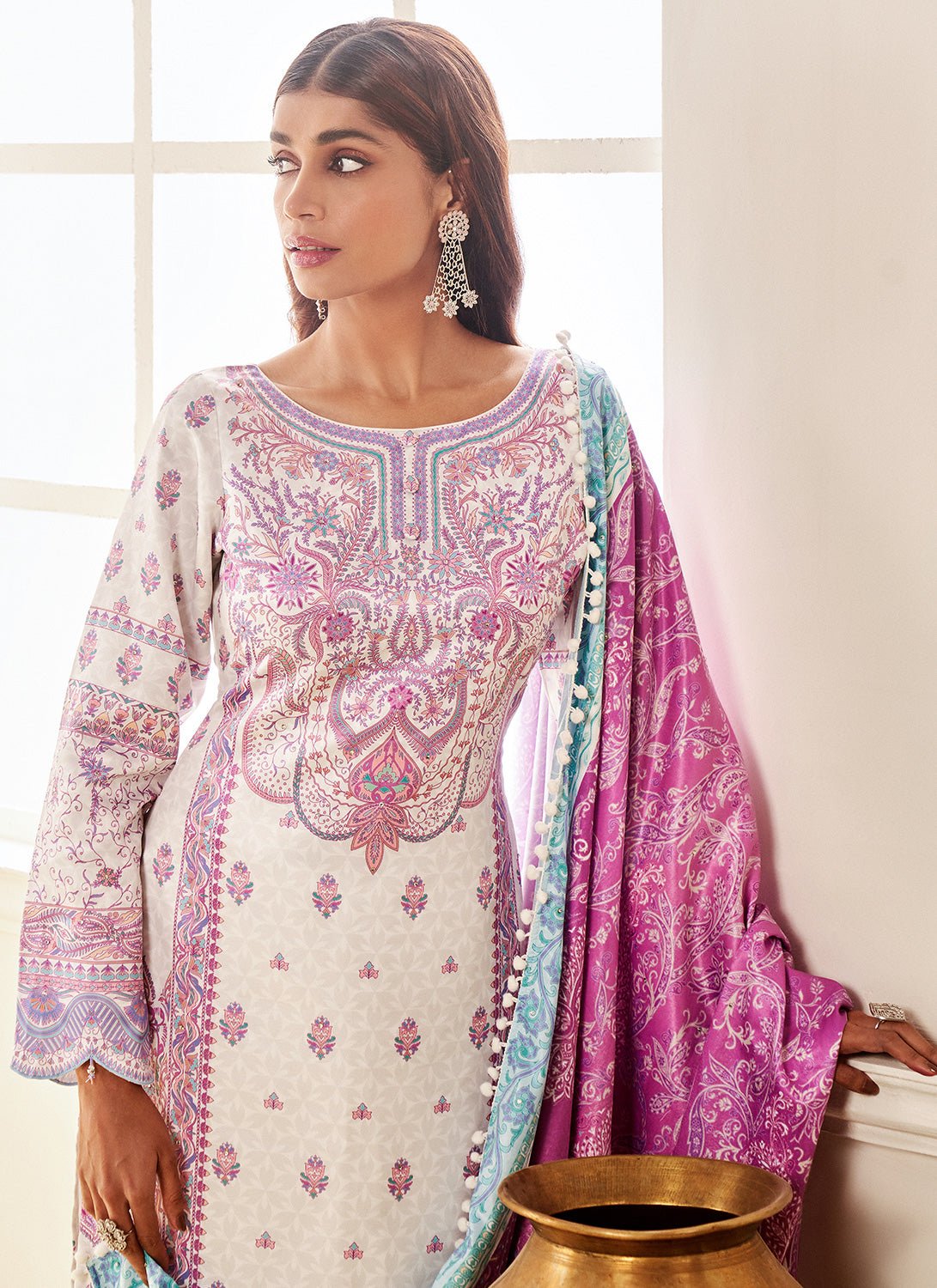 White and Purple Floral Printed Straight Suit - Lashkaraa