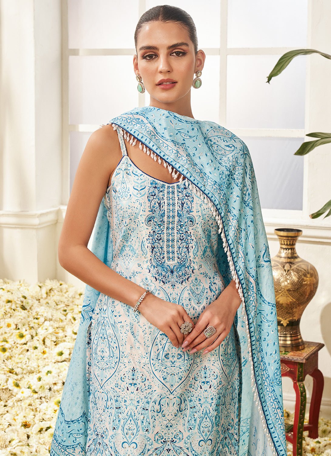 White and Sky Blue Floral Printed Straight Suit - Lashkaraa