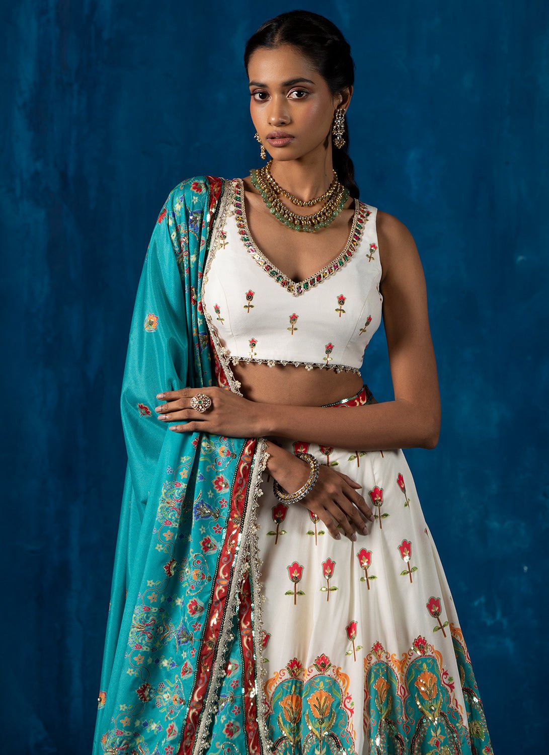 White and Teal Multicolor Embroidered Lehenga - Lashkaraa