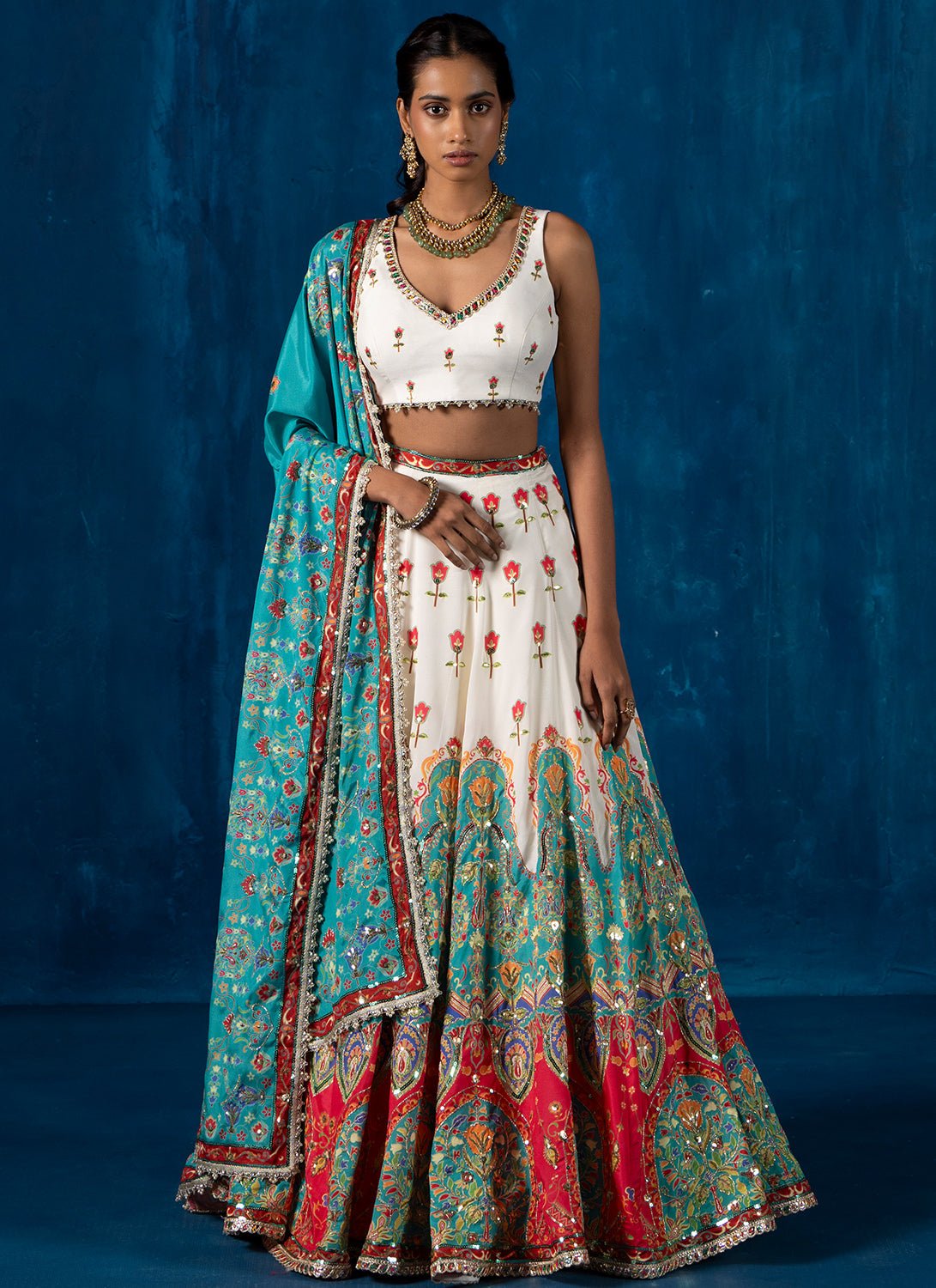 White and Teal Multicolor Embroidered Lehenga - Lashkaraa