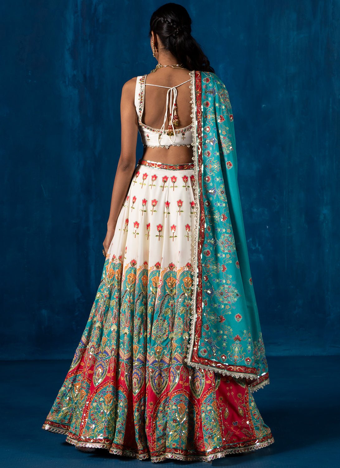White and Teal Multicolor Embroidered Lehenga - Lashkaraa