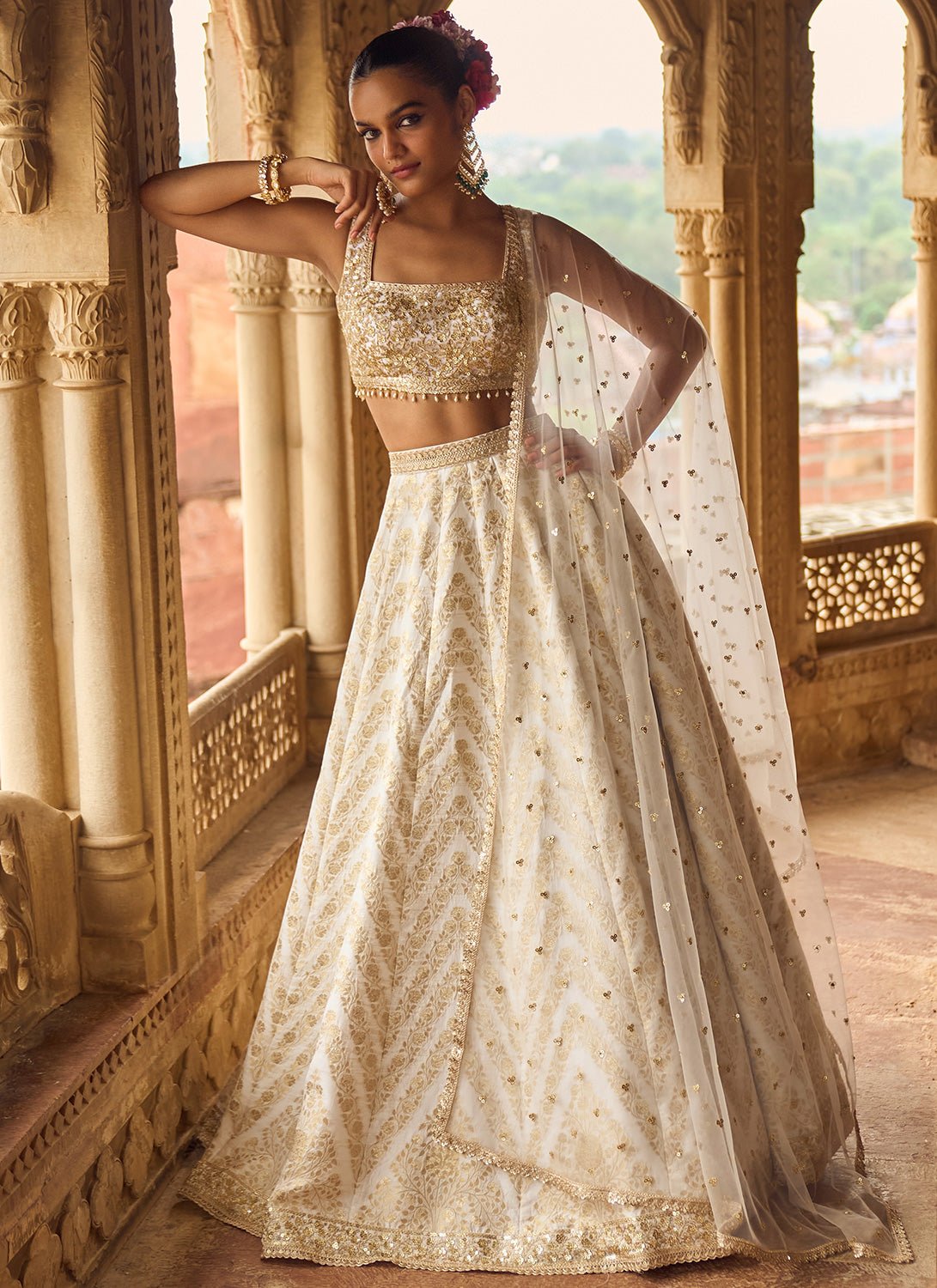 White Embroidered Brocade Lehenga - Lashkaraa