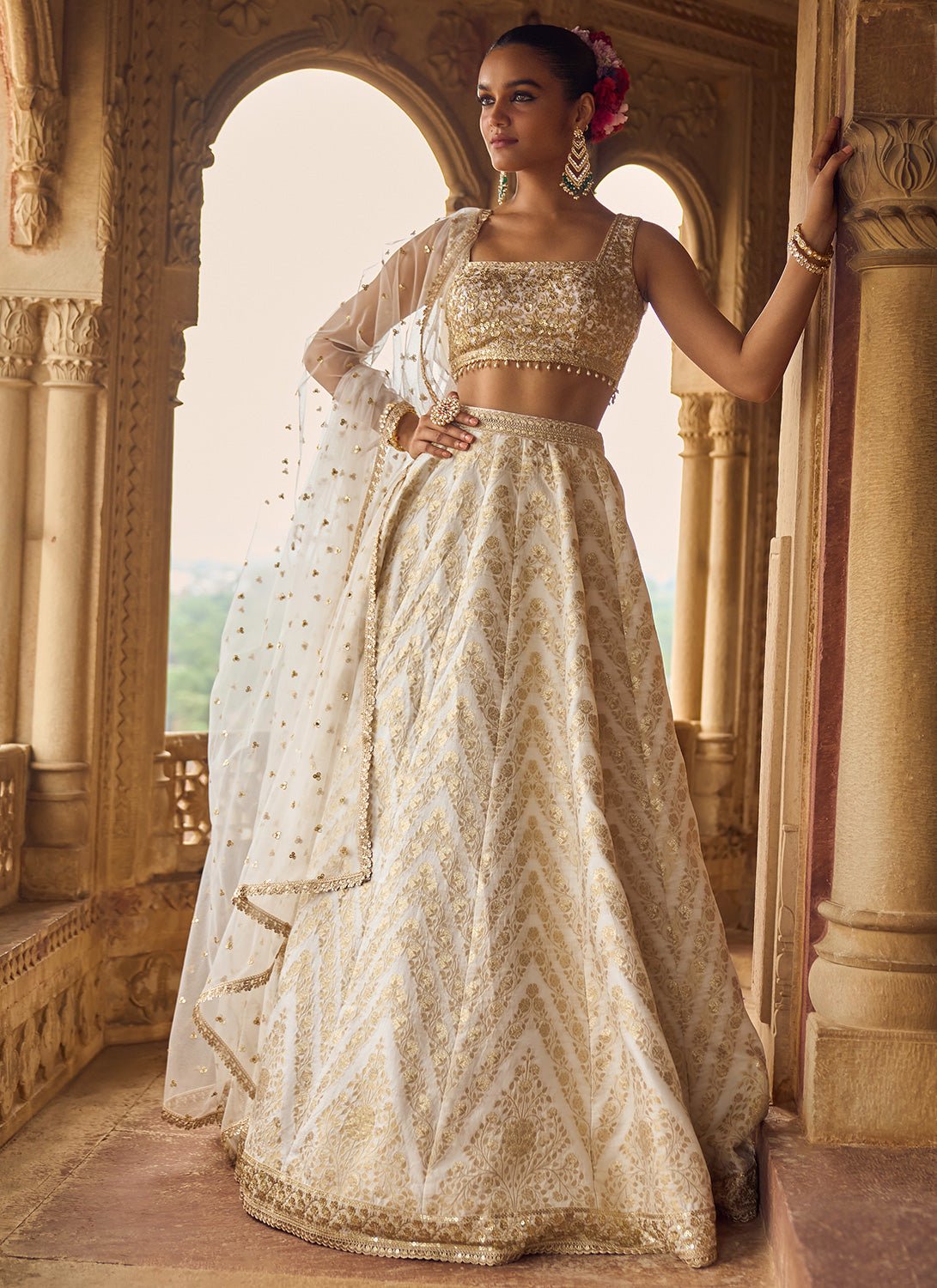 White Embroidered Brocade Lehenga - Lashkaraa