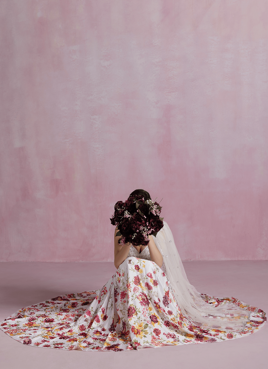 White Floral Printed Modal Satin Lehenga - Lashkaraa