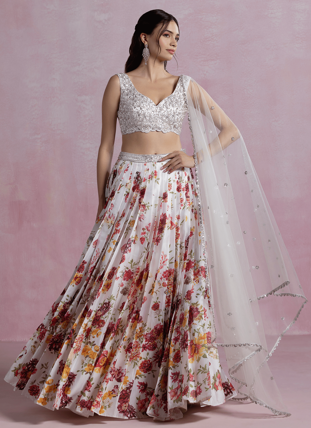 White Floral Printed Modal Satin Lehenga - Lashkaraa