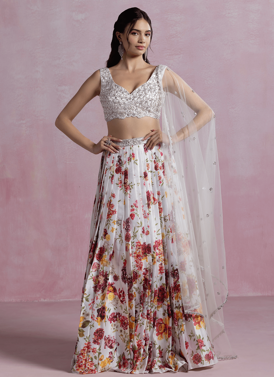 White Floral Printed Modal Satin Lehenga - Lashkaraa