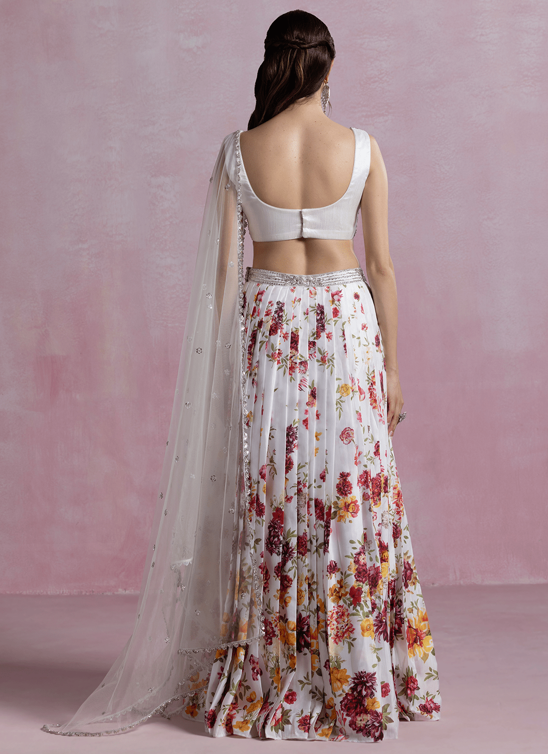 White Floral Printed Modal Satin Lehenga - Lashkaraa