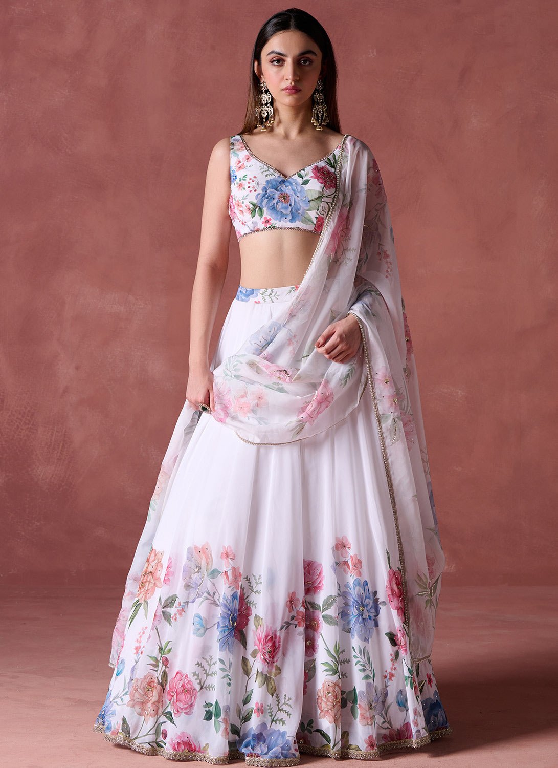 White Multicolor Floral Printed Georgette Lehenga - Lashkaraa