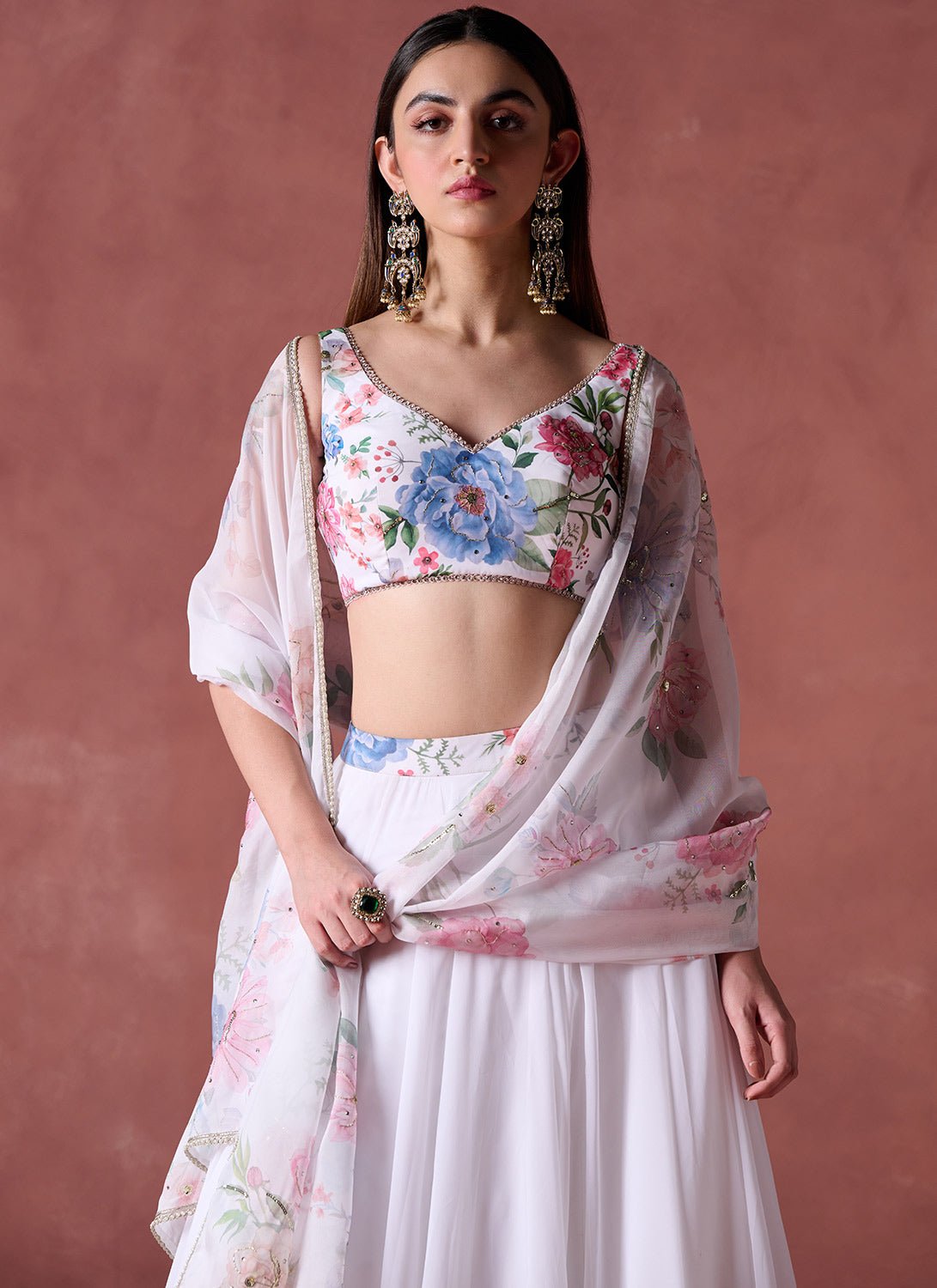 White Multicolor Floral Printed Georgette Lehenga - Lashkaraa