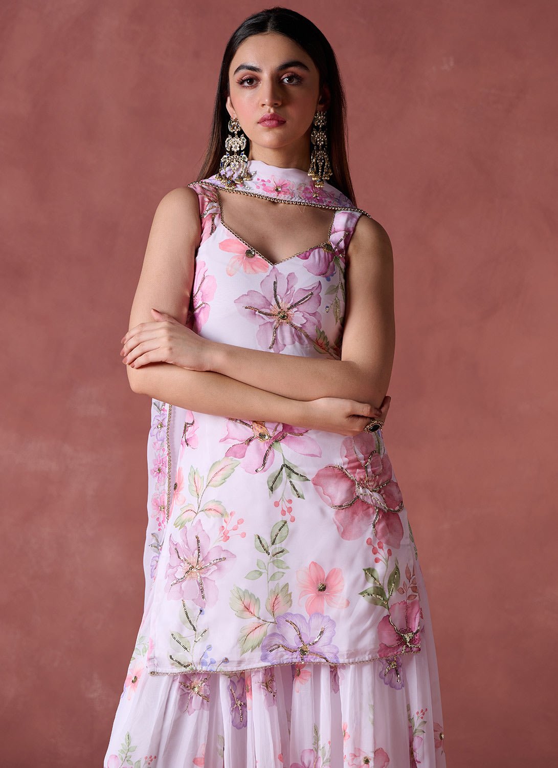 White Multicolor Floral Printed Georgette Sharara Suit - Lashkaraa