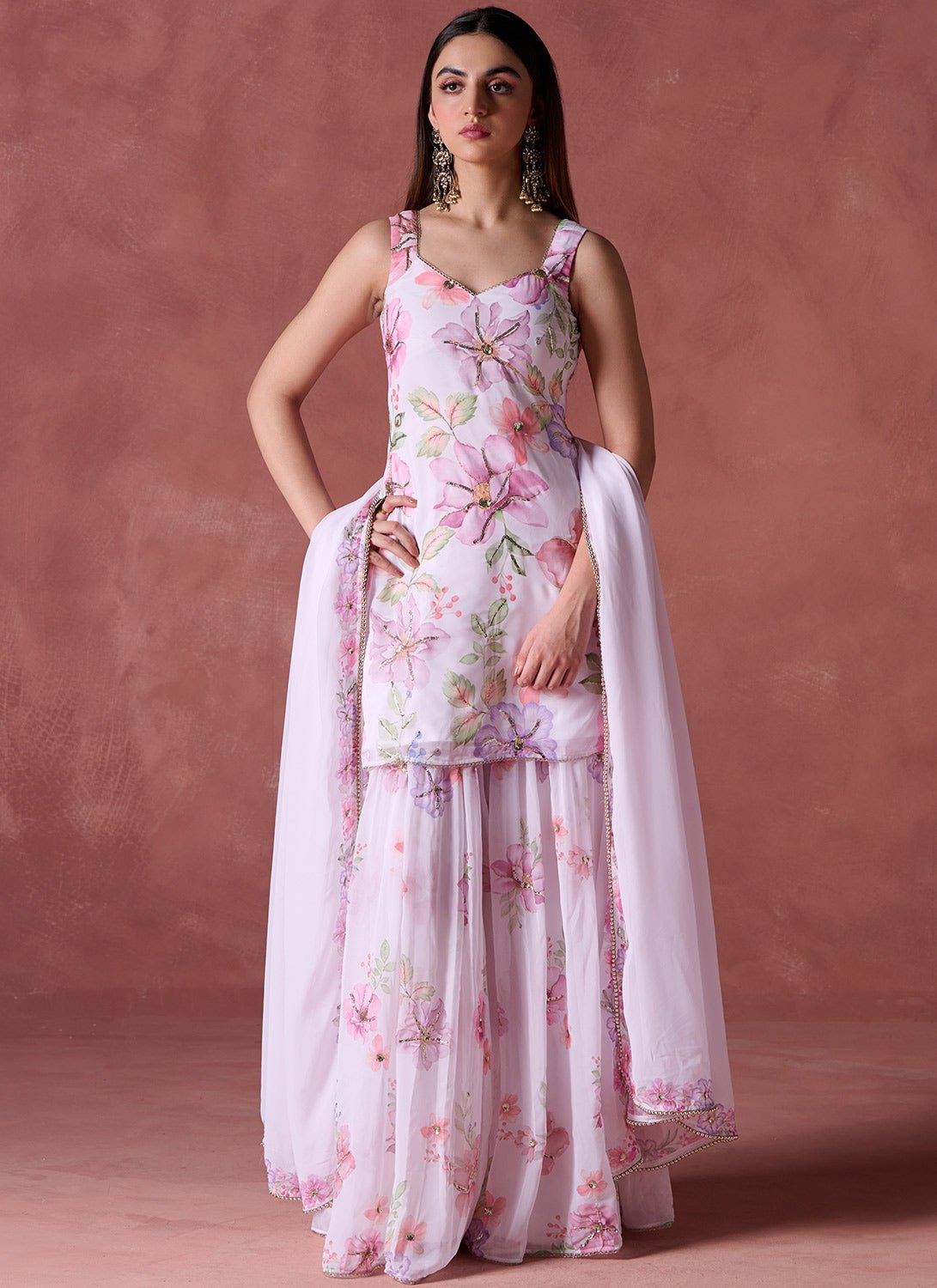 White Multicolor Floral Printed Georgette Sharara Suit - Lashkaraa