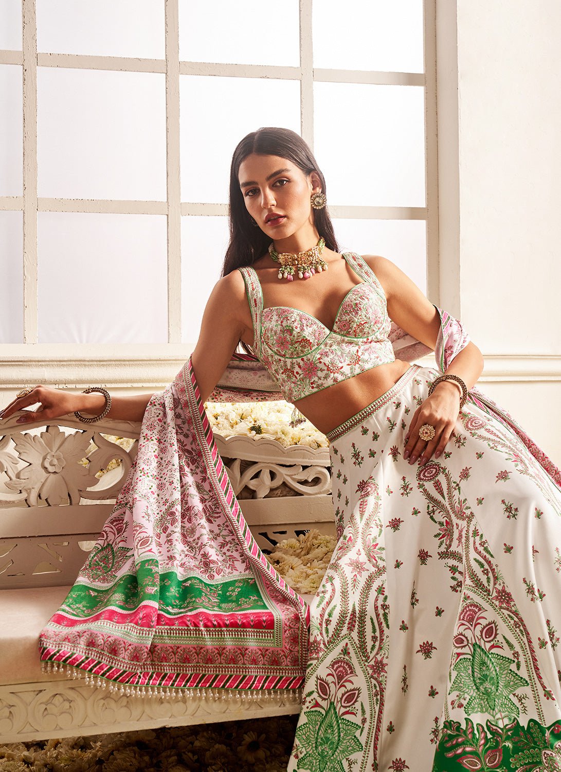 White Multicolor Floral Printed Lehenga - Lashkaraa