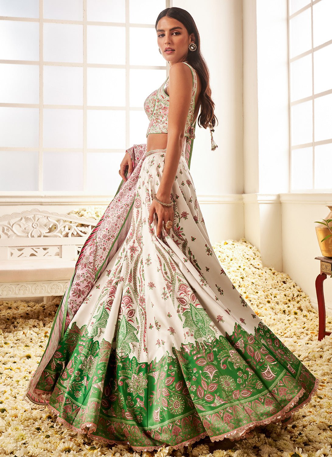 White Multicolor Floral Printed Lehenga - Lashkaraa