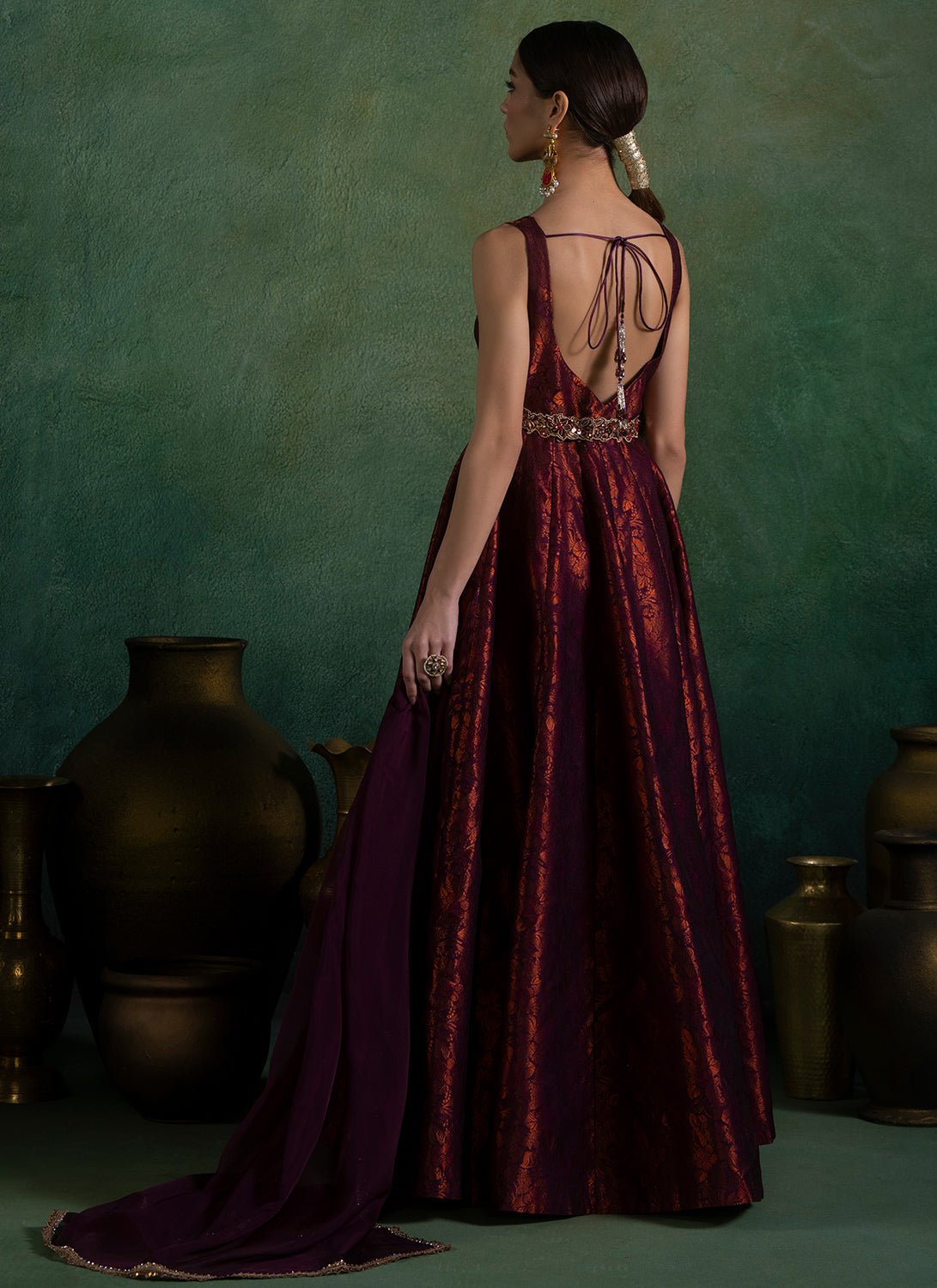 Wine Embroidered Brocade Anarkali - Lashkaraa