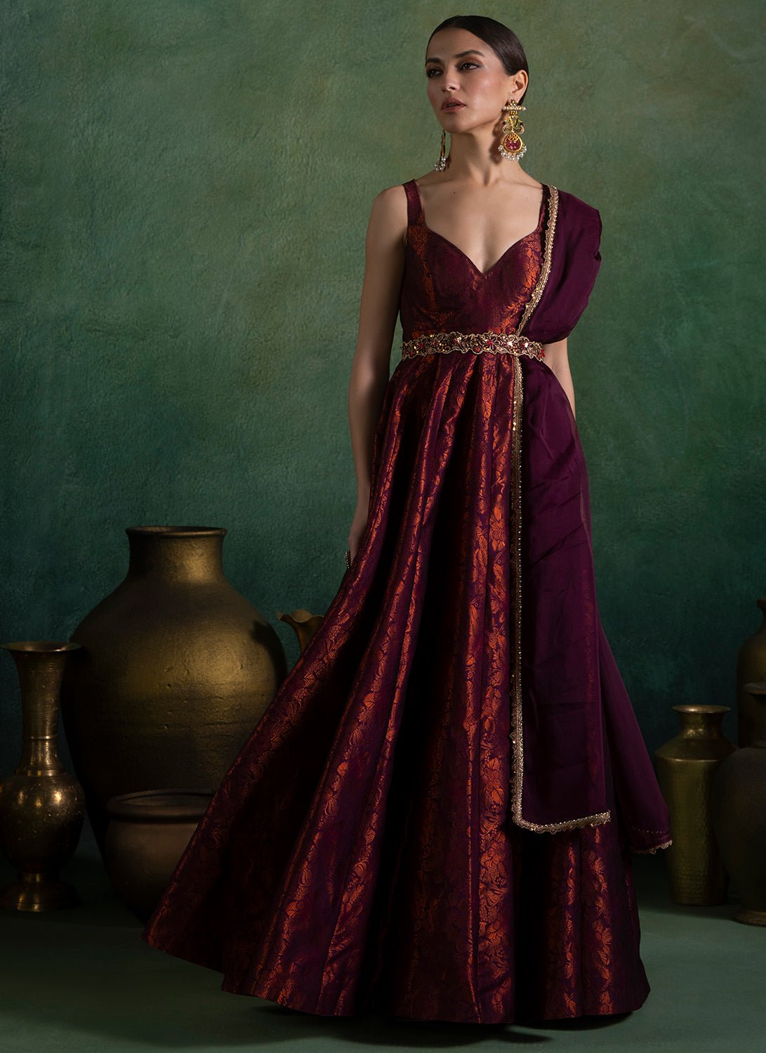 Wine Embroidered Brocade Anarkali - Lashkaraa