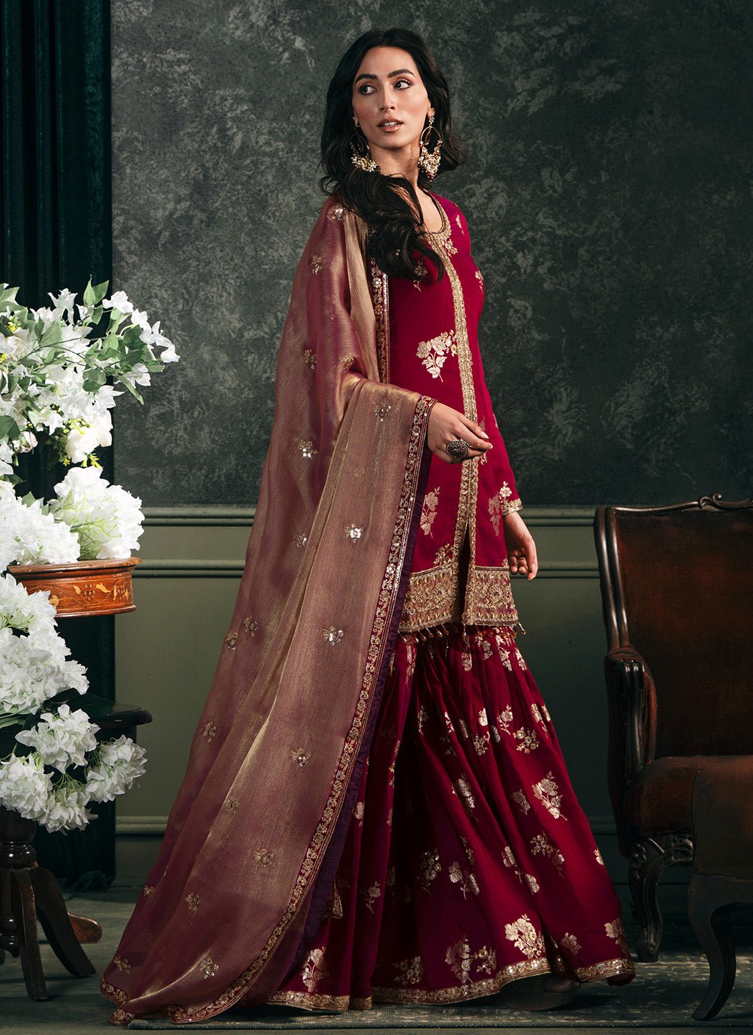 Wine Embroidered Brocade Gharara - Lashkaraa