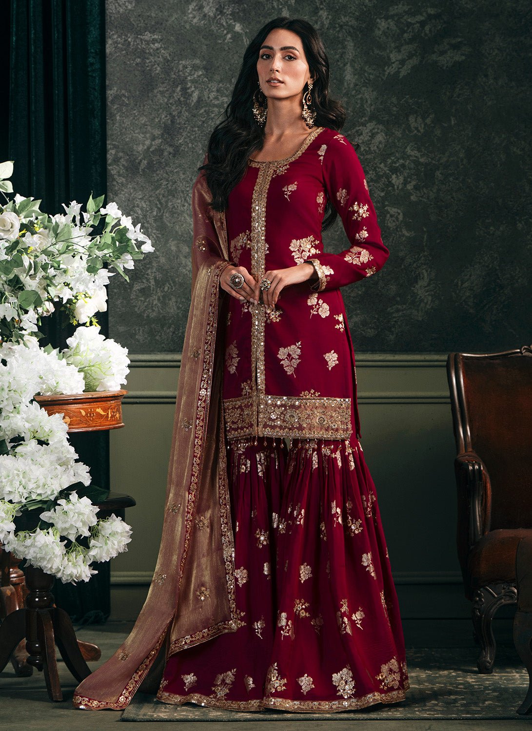 Wine Embroidered Brocade Gharara - Lashkaraa