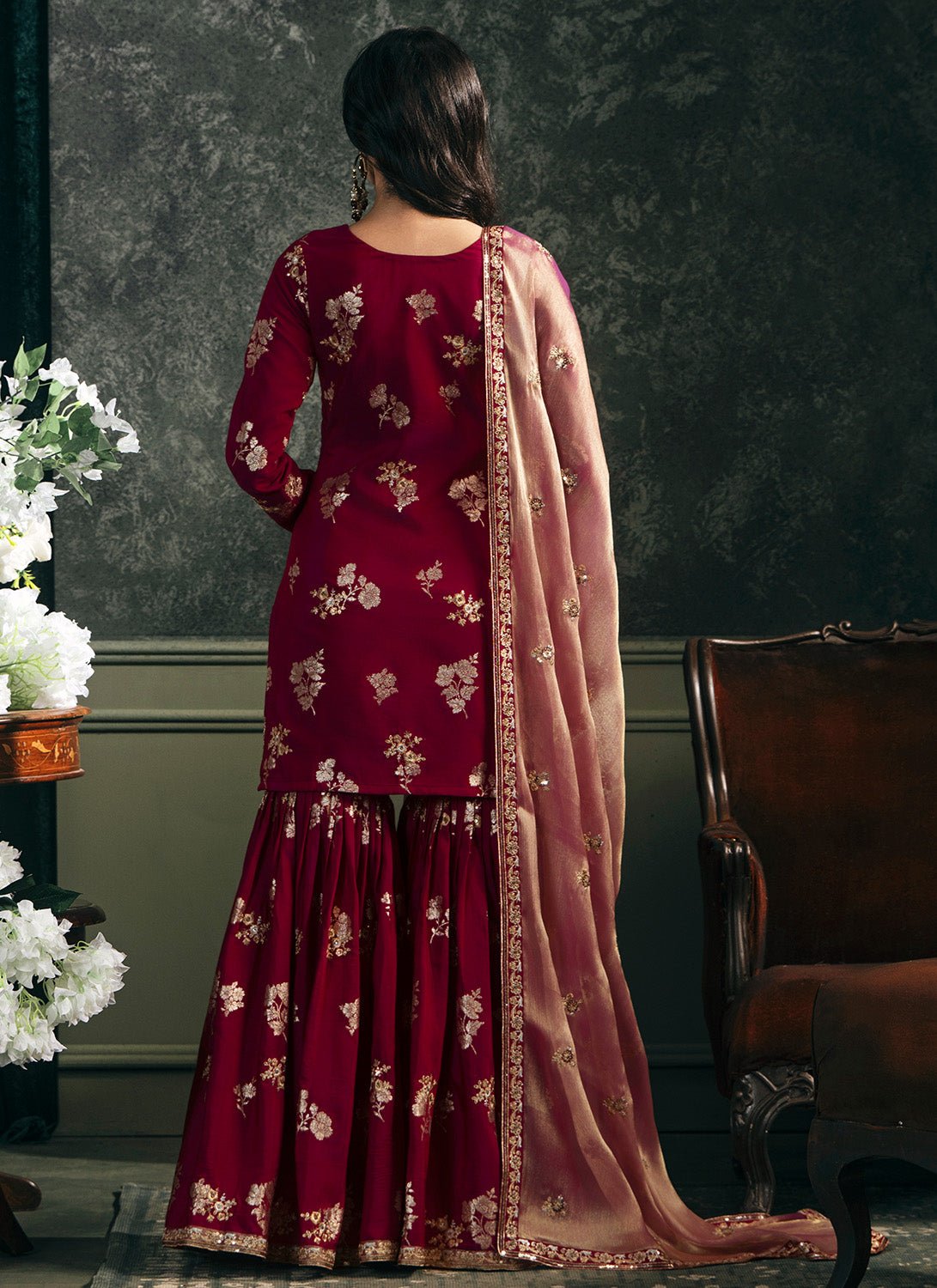 Wine Embroidered Brocade Gharara - Lashkaraa