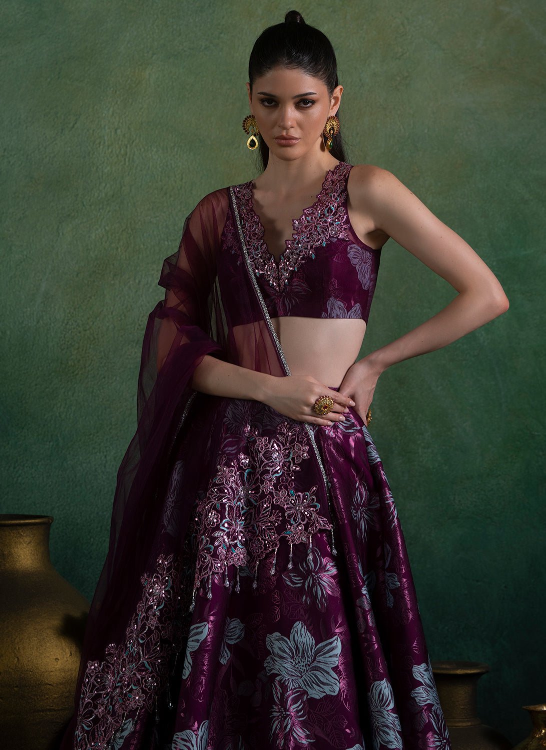 Wine Embroidered Brocade Lehenga - Lashkaraa