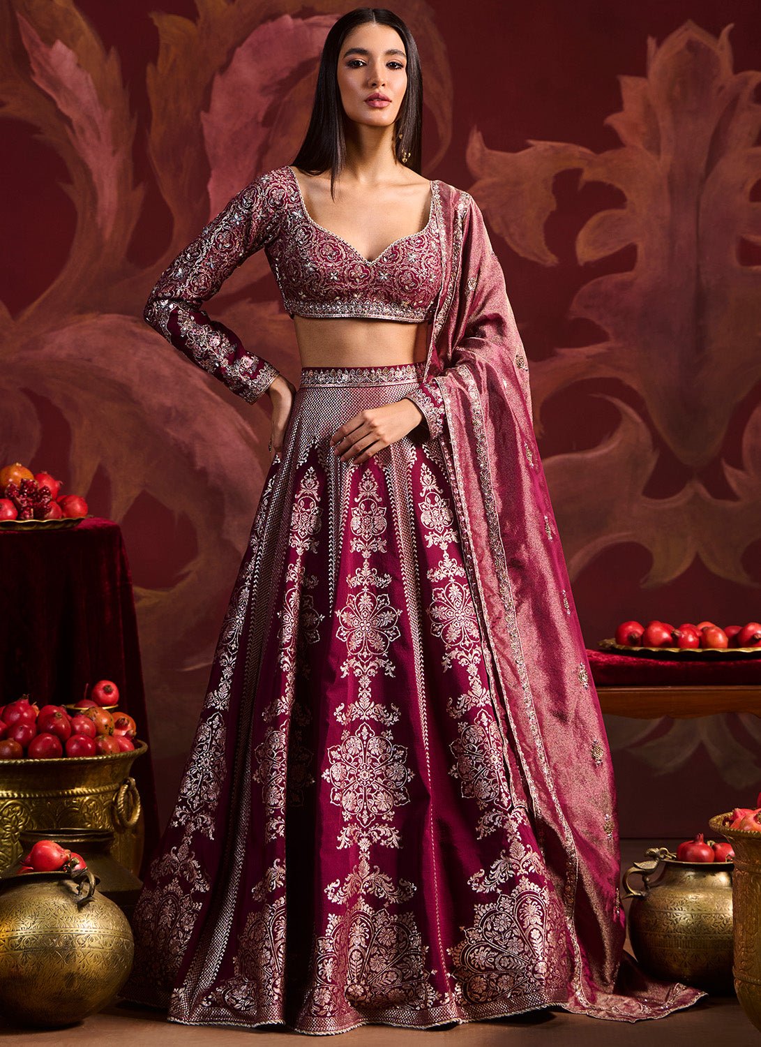 Wine Embroidered Brocade Lehenga - Lashkaraa