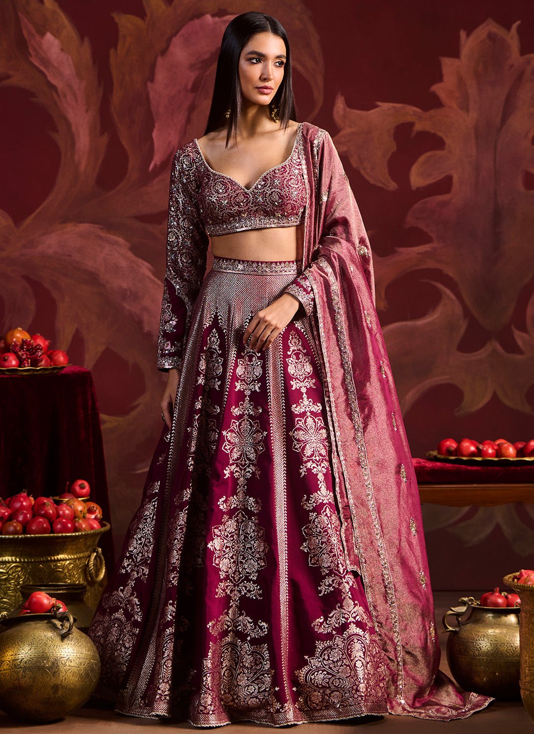 Wine Embroidered Brocade Lehenga - Lashkaraa