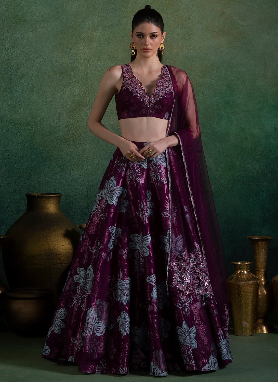Wine Embroidered Brocade Lehenga - Lashkaraa