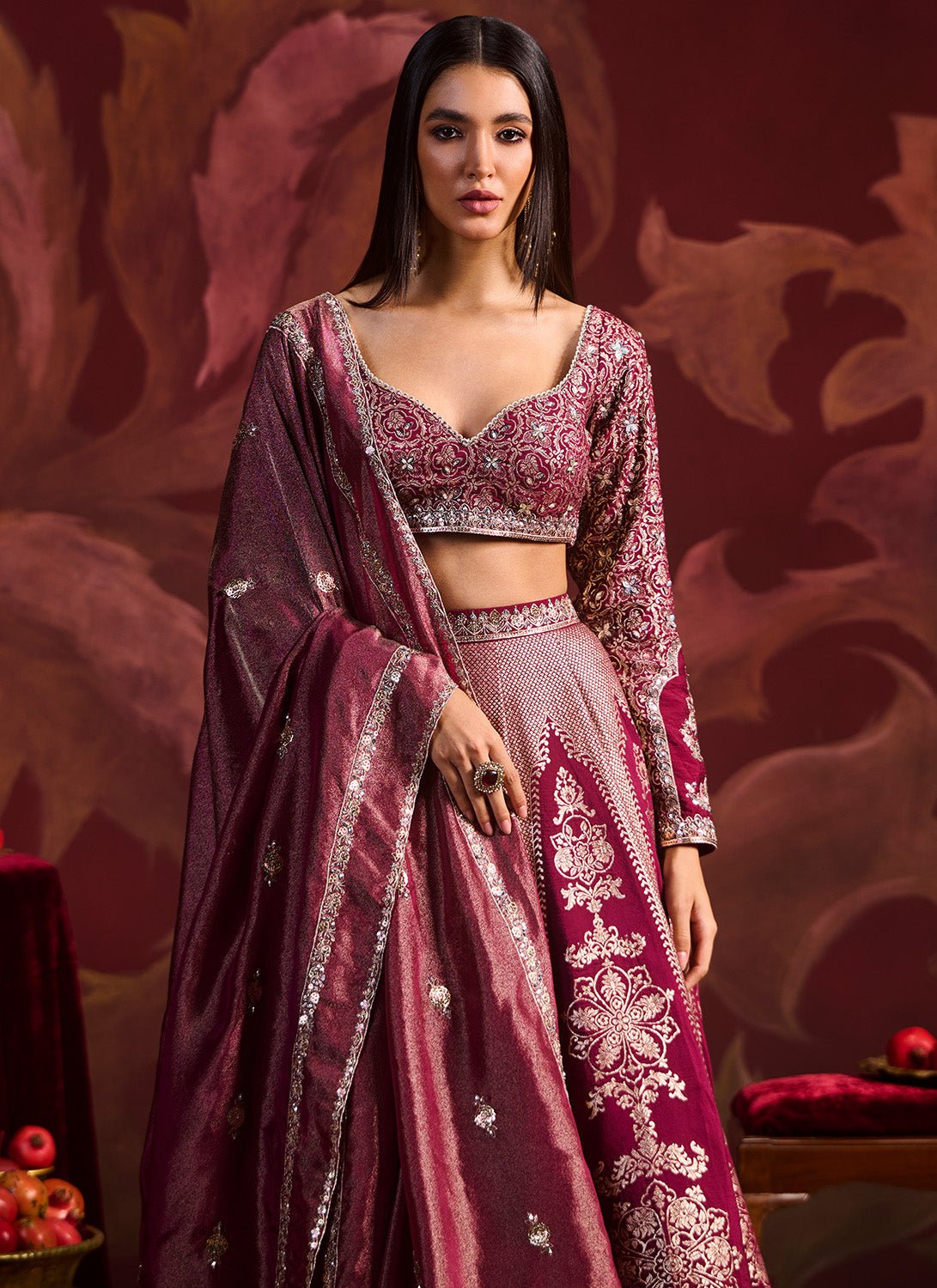 Wine Embroidered Brocade Lehenga - Lashkaraa