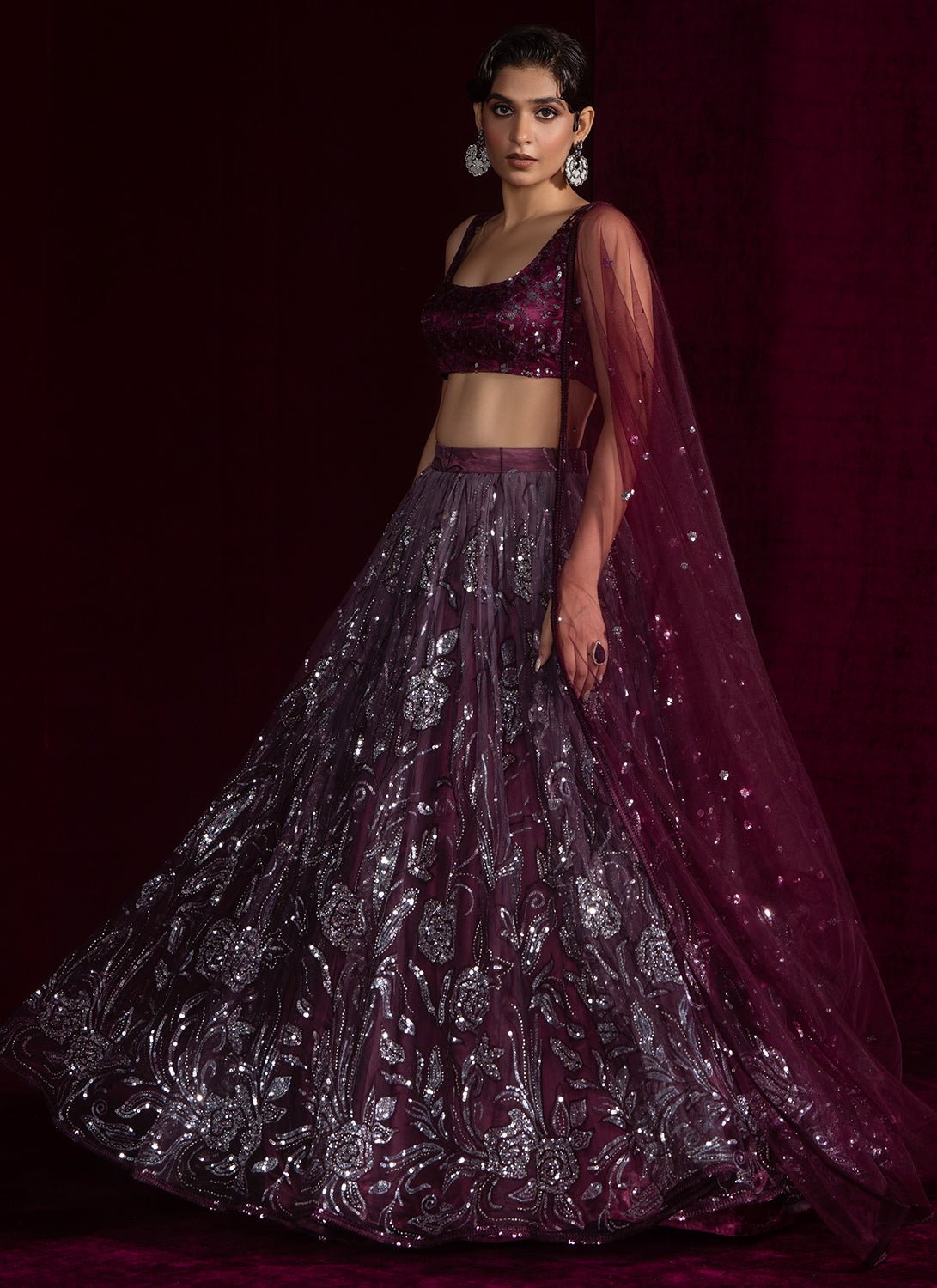 Wine Embroidered Net Lehenga - Lashkaraa