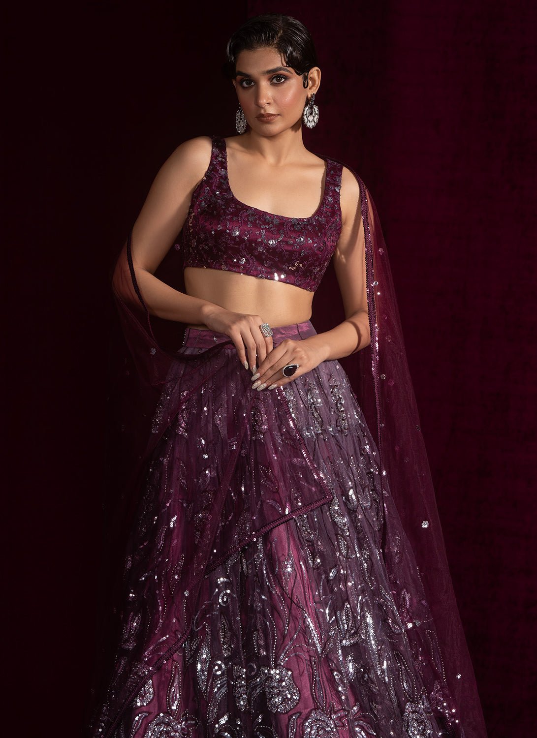 Wine Embroidered Net Lehenga - Lashkaraa