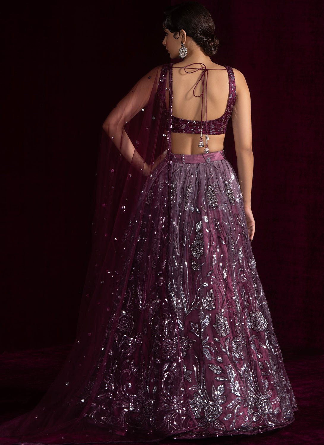 Wine Embroidered Net Lehenga - Lashkaraa