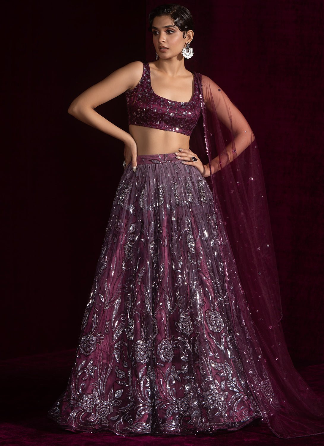 Wine Embroidered Net Lehenga - Lashkaraa