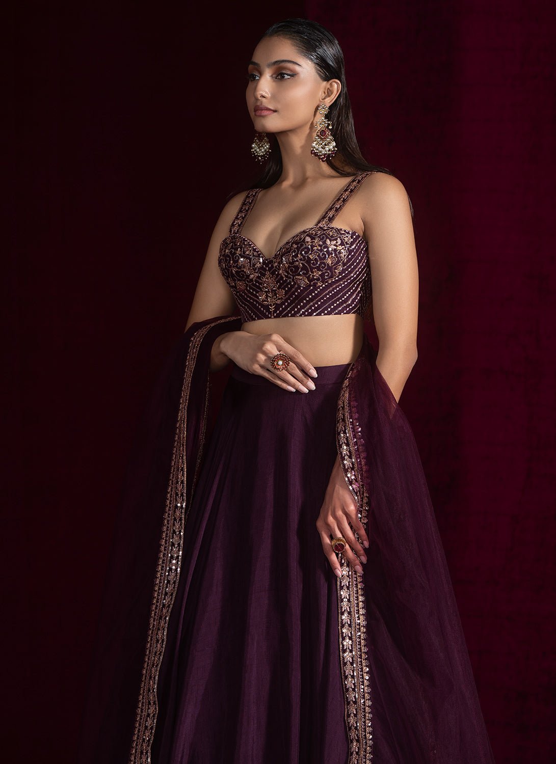 Wine Embroidered Viscose Silk Lehenga - Lashkaraa