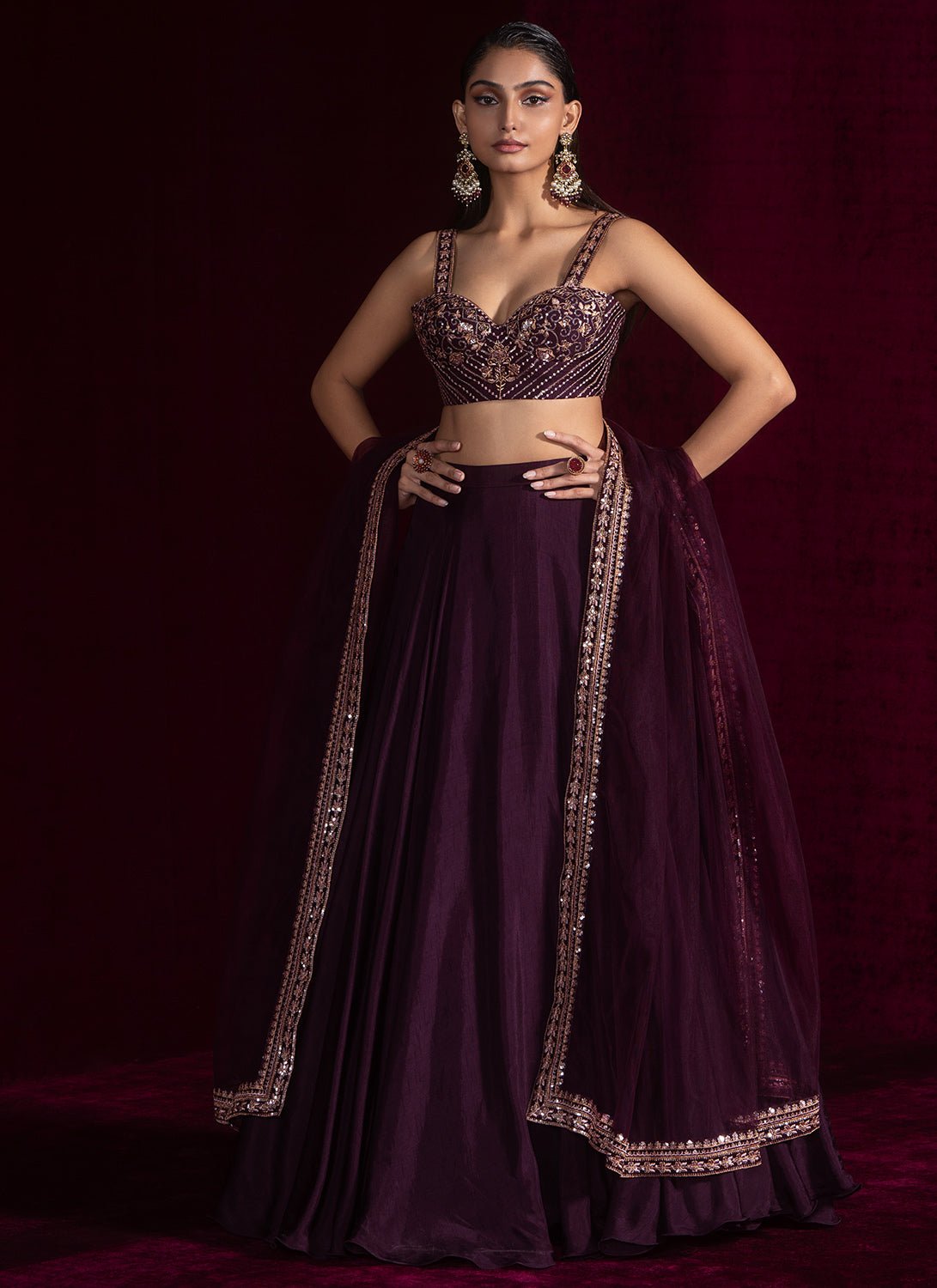 Wine Embroidered Viscose Silk Lehenga - Lashkaraa