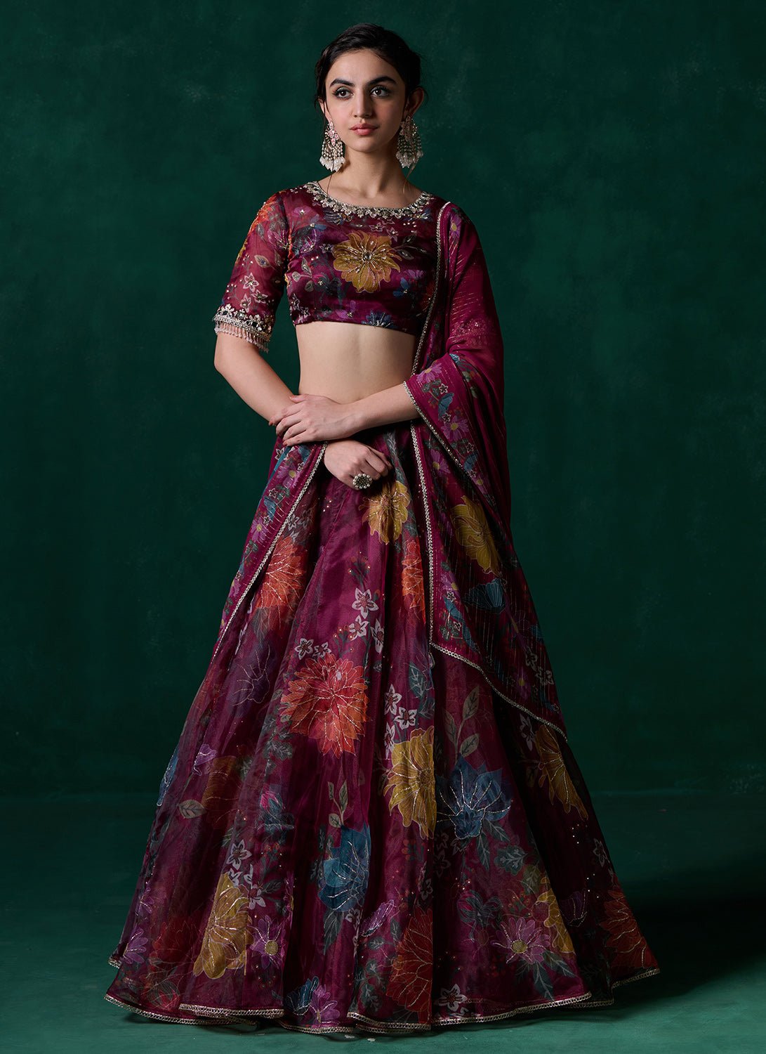 Wine Multicolor Floral Printed Lehenga - Lashkaraa