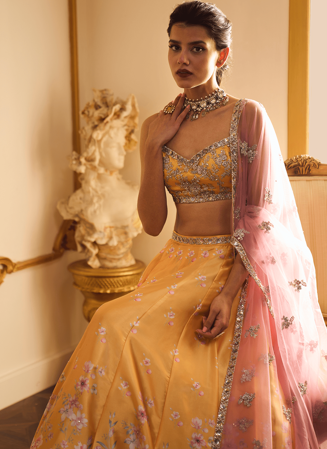 Yellow and Pink Floral Printed Lehenga - Lashkaraa
